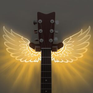 Guitar Stand Wall Mount with Luminous Angel Wings, Acrylic Wooden Guitar Hanger Shelf with USB Powered, for Acoustic Electric Bass Ukulele, Gift for Music Lovers Guitar Players