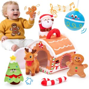 hahaland 7Pcs Christmas Baby Toys Set for 6-12 Months - Musical Plush Sensory Toys with Santa, Reindeer, Gingerbread, Christmas Tree, Bell Ball & Candy Cane Soft for Girls Boys
