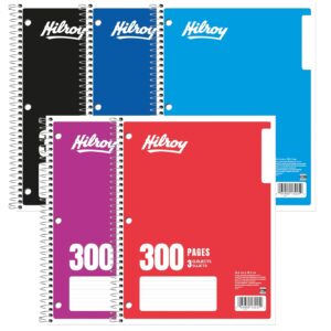 Hilroy 3-Subject Coil Notebook, 8" x 10.5", Wide Ruled, 3-Hole Punched, 300 Pages/150 Sheets, 1 Notebook, Colour May Vary (13225)