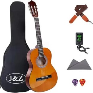 J&Z Classical Guitar Acoustic Guitar Nylon Strings with Tuner Strap Gigi Bag Wipe Chord 36 Inch 3/4 Size