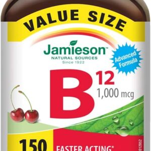Jamieson Vitamin B12 Methylcobalamin 1,000 mcg, Fast Dissolving, Faster Acting, Naturally Energizing, and Supports Metabolism. Vegetarian, Gluten-Free, Natural Wild Cherry...