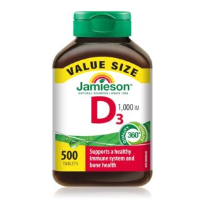 Jamieson Vitamin D3 1,000 IU Tablets, Supports Immune Health, Strong Bones, and Teeth, Enhances Calcium and Phosphorus Absorption. Vegetarian, Non-GMO, Gluten-Free, One Per Day,...