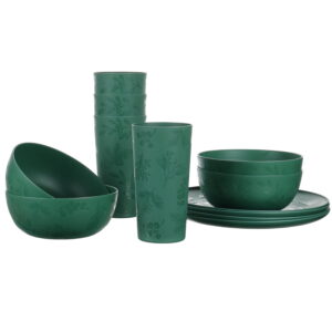 Mainstays 12-Piece Plastic Etched Holly Dinnerware Set, Green