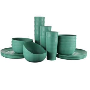 Mainstays 30-Piece Green Etched Checkered Plastic Dinnerware Set, Includes 10 Plates, 10 Bowls, 10 Tumblers
