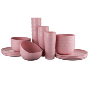 Mainstays 30-Piece Pink Etched Checkered Plastic Dinnerware Set, Includes 10 Plates, 10 Bowls, 10 Tumblers