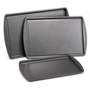Mainstays 3pc Carbon Steel Nonstick Cookie Sheet Bakeware Set, 11" x 17", 10" x 15", 9" x 13", Gray
