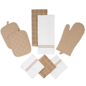 Mainstays 8-Piece Cotton Kitchen Towel, Dishcloth, Oven Mitt, and Pot Holder Set, Brown