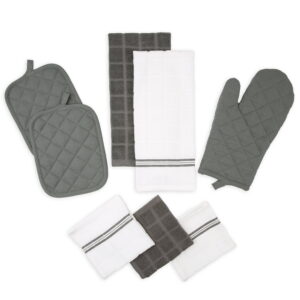 Mainstays 8-Piece Cotton Kitchen Towel, Dishcloth, Oven Mitt, and Pot Holder Set, Gray