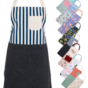 Mainstays Chef Kitchen Apron, 28" x 32" Stripe Cotton Bib Apron with Pockets for Cooking, Baking, Gardening in Navy