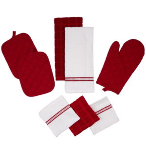 Mainstays Cotton Kitchen Towel, Dishcloth, Oven Mitt, and Pot Holder Set, Red, 8 Pieces