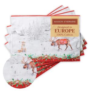 Maison d' Hermine Placemats Set of 4 100% Cotton Washable Cloth Place Mats, Reusable Table Mats for Thanksgiving Christmas Decorations Kitchen Dining Party Wedding (Christmas...