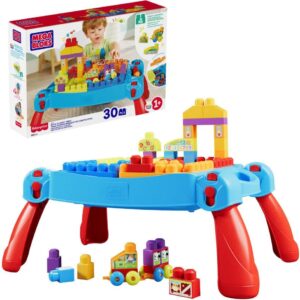 MEGA BLOKS First Builders Toddler Blocks Toy, Build ‘n Learn Portable Activity Table with 30 Pieces and Built-in Storage, Blue, Kids Ages 1+ Years