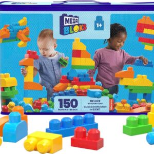 MEGA BLOKS First Builders Toddler Blocks Toys Set, Deluxe Building Bag with 150 Pieces and Storage, Creative Open-Ended Play, Blue, Ages 1+ Years