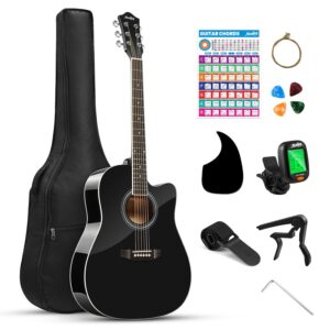 Moukey 41" Acoustic Guitar for Beginner Adult Teen, Full Size Guitarra Acustica with Chord Poster, Gig Bag, Tuner, Picks, Strings, Capo, Strap Right Hand (Black)