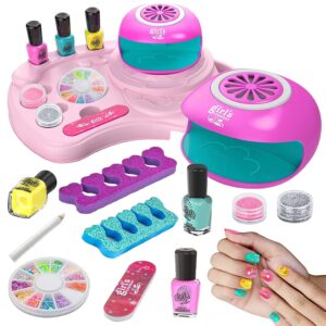 Nail Art Kit for Girls, Kids Nail Polish Play Set with Nail Dryer, Washable Make Up Sets for Girls, Nail Studio Decoration Birthday for Kids Age 6-12
