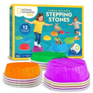 National Geographic Kids Jumbo Balance Stepping Stones – 12 Non-Slip Stepping Stones in 3 Heights with Foam Dice & Play & Learn Cards, Indoor & Outdoor Obstacle Course for Kids...