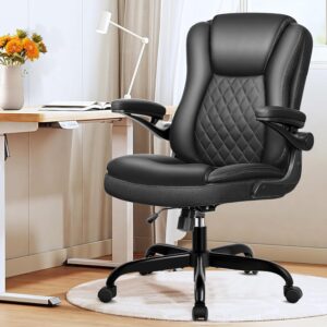 Office Chair, Executive Office Chair Ergonomic Leather Desk Chair with Wheels Swivel Computer Task Chair with Lumbar Support and Flip-up Armrests Black