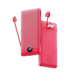 Power Bank Built-in Cables, VRURC 10000mAh Portable Charger USB C, Lightweight Charging Bank Built-in AC Plug, Replacement Battery Compatible with All Kinds of Cellphones,...