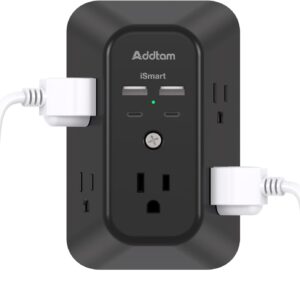 Power Bar, USB Wall Charger Surge Protector 5 Outlet Extender with 4 USB Charging Ports (2 USB C), Multi Plug Outlet, 3-Sided 1800J Outlets Splitter for Home Office Dorm, Black