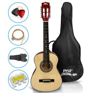 Pyle 30" Classical Acoustic Guitar Kit-1/4 Size Handcrafted Gloss Finish, 6 Steel Strings w/Gig Bag, Tuner, Picks, Strap- Beginners Kids-Right Handed