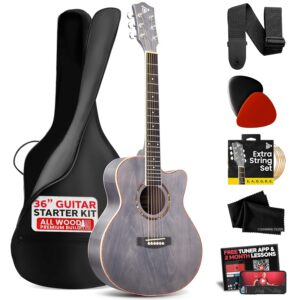 Pyle 36" Cutaway Acoustic Guitar-3/4 Size Linden Wood Matte Gray Finish Guitar, 6 Steel Strings w/Gig Bag, Tuner, Extra Strings, Picks, Strap- Junior Size for Beginners, Adults,...