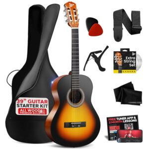PYLE 39” Acoustic Guitar- 4/4 Size Linden Wood Brown Gloss, 6 Nylon Strings w/Gig Bag, Tuner, Extra Strings, Picks, Strap- Adults, Teens- Right Handed