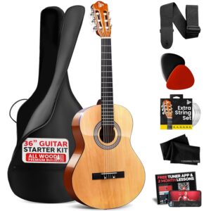 PYLE Beginner 36” Classical Acoustic Guitar - 6 String Junior Linden Wood Traditional Guitar w/Wooden Fretboard, Case Bag, Tuner, Nylon Strings, Picks, Cloth, Great for...