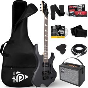 PYLE Electric Guitar – Full Size Heavy Metal, Fire Shaped Electric Guitar, Dual Humbuckers, Includes 10W Amplifier, Cable, Bag, Extra Strings, Strap, Tuner, Picks- Adults,...