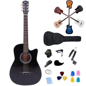 Rosefinch 38 inch Acoustic Guitar 3/4 Size Cutaway Basswood Guitar for Beginner Adults Starter Bundle Kit (BLACK 38 inch)