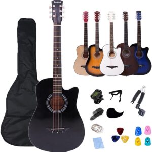 Rosefinch 38 inch Acoustic Guitar for Beginner Child Adult 3/4 Size Smaller Size Guitars Starter Kit W/Bag Strap Pick Capo Guitar 6 Steel String Winder(38'' Black)