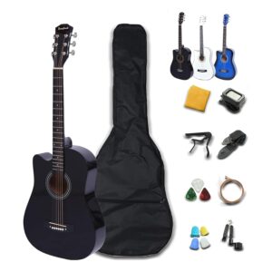 Rosefinch 38 inch Left Handed Acoustic Guitar Kit for Beginner 3/4 Size Cutaway Lefty Acustica Guitarra Bundle Set (38" Black)