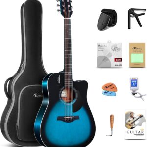 Rosen Solid Top Dreadnought Acoustic Guitar 41 Inches Spruce Guitar Beginner Bundle with Book, Padded Bag, Strings, Picks, Tuner, Hexwrench, Strap, Polishing Cloth, Blue