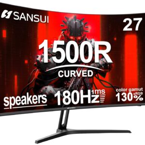 SANSUI 27 Inch Curved Gaming Monitor 180Hz 1ms with Speakers FHD 1080P Computer Monitor FreeSync|1500R|130% sRGB|HDR|Low Blue Light|HDMI DP Ports|VESA Mount|Metal Stand(ES-G27C1...