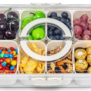 Snackle Box Container with Handle - 8 Compartment Divided Serving Tray with Lid - Crystal Clear Charcuterie Box for Travel, Parties, Movie Nights & Daily Snacks (Hand Wash Only)