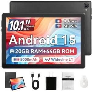 Tablet, 10.1 Inch Android 15 Tablet with 20GB RAM 64GB ROM 1TB Expansion, Octa-core Processor, HD IPS Touchscreen Dual 5MP+8MP Camera, WiFi 6, BT 5.4, Widevine L1 (Black)