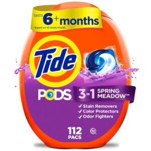 Tide PODS laundry detergent pacs, 3-in-1 Stain Remover, Odor Fighter, Color Protector, HE compatible, Spring Meadow Scent, 112 Count