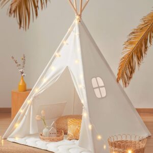 Tiny Land 100% Cotton Large Kids Teepee Tent with Padded Mat & Light String & Carry Case-Kids Foldable Play Tent -Toys for 3,4,5,6 Year Old Girls and Boys, Teepee Indoor Outdoor...