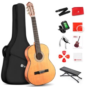 Vangoa 36-inch Beginner Classical Guitar Package (Natural), Basic Starter Guitar Kit w/Gig Bag, Strings, Strap, Tuner, Pitch Pipe, Picks, Footstool