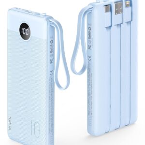 VRURC 10000mAh Power Bank Built-in Cables, Portable Charger with LED Display, Slim Intelligent Travel Battery Pack with Cords, 5 Output Dual Input Phone Charger for Cell Phone...