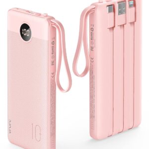 VRURC Portable Charger 10000mAh, Slim Power Bank for iPhone, Battery Pack with LED Display, 5 Output 2 Input, Built-in USB C Cables Phone Charger Compatible with...