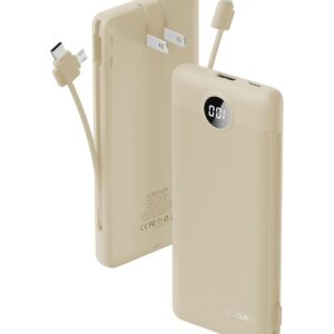 VRURC Portable Charger Built-in Cables and AC Wall Plug, USB C Power Bank 10000mAh, Phone Charger Compact Lightweight External Battery Pack for Smart Phones, Tablets etc，Coffee