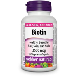 Webber Naturals Biotin, 2500 mcg of Biotin Per Capsule, 90 Capsules, Supports Healthy Hair, Skin & Nails, Vegan