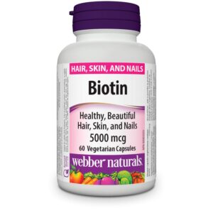 Webber Naturals Biotin 5000 mcg, 60 Vegetarian Capsules, Supports Healthy Hair, Skin & Nails, Energy Metabolism, Vegan