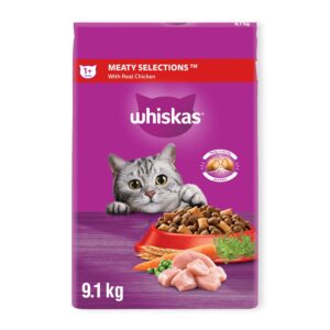 WHISKAS Meaty Selections Adult Dry Cat Food with Real Chicken, 9.1 kg (Pack of 1)