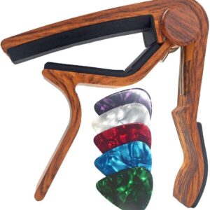 WINGO Wooden Guitar Capo for 6-String Acoustic Electric Guitars,Bass,Ukulele -Rosewood Free 5 Picks
