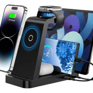 Wireless Charger for iPhone - 5 in 1 Charging Station for Multiple Devices Apple: Fast Wireless Charging Stand Dock for iPhone 17 16e 16 15 14 13 12 Pro Max Apple Watch Airpods