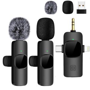 Wireless Lavailer Microphone for iPhone, Android, Camera, iPad, USB C, 4 in 1 Professional Mini Microphone with Noise Reduction, Wireless Mic for Video Recording, Vlog, YouTube,...