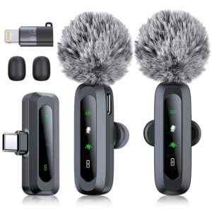 Wireless Microphone for iPhone/iPad/Android Phone, RICCHI 2 Pack Mini Microphone with Noise Cancelling & LED Display, Lavalier Microphones Clip on Lapel Mic for Video Recording,...