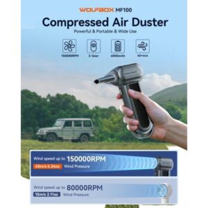 WOLFBOX MF100 Cordless Air Duster, 150000RPM High-Speed, Rechargeable, 3-Speed Mini Compressed Air Duster for PC, Keyboard, Outdoor Use, Snow & Auto