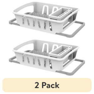 (2 pack) Mainstays Expandable Kitchen Dish Drying Rack with Utensil Holder, Countertop Dish Drainer Rack for Plates, Cups and Kitchen Sink Organization, White